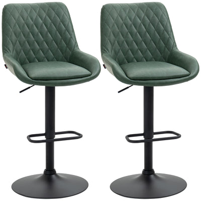 HOMCOM Retro Bar Stools Set of 2, Adjustable Kitchen Stool, Upholstered Bar Chairs with Back, Swivel Seat, Green 