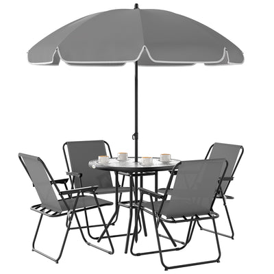 Outsunny 4 Seater Garden Furniture Set, 6 Pieces Garden Table and Chairs with Parasol, Outdoor Garden Dining Set with Folding Chairs and Round Glass Top Table for Patio, Grey 
