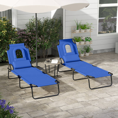 Outsunny Outdoor Foldable Sun Lounger Set of 2, 4 Level Adjustable Backrest Reclining Sun Lounger Chair with Pillow and Reading Hole, Blue 