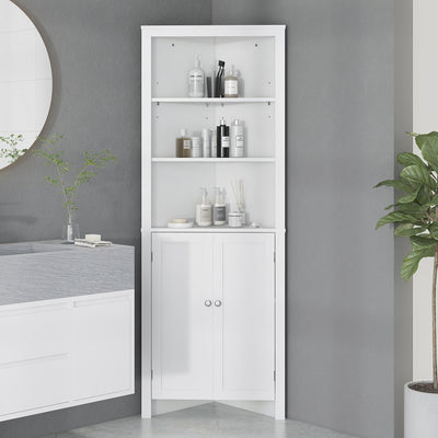 kleankin Triangle Bathroom Cabinet, Corner Bathroom Storage Unit with Cupboard and 3-Tier Shelves, Free Standing, White 