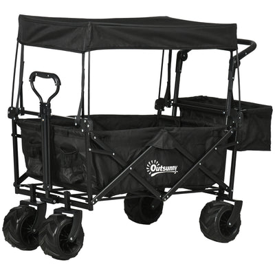 Outsunny Folding Trolley Cart Storage Wagon Beach Trailer 4 Wheels with Handle Overhead Canopy Cart Push Pull for Camping, Black 