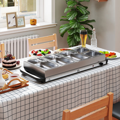 HOMCOM Electric Food Warmer 5 Tray, 9.2L Portable Buffet Server and Warming Tray with Lids, Adjustable Temperature Control and Cool Touch Handles, 450W, 3 x 2.4L and 2 x 1L, Silver Tone 