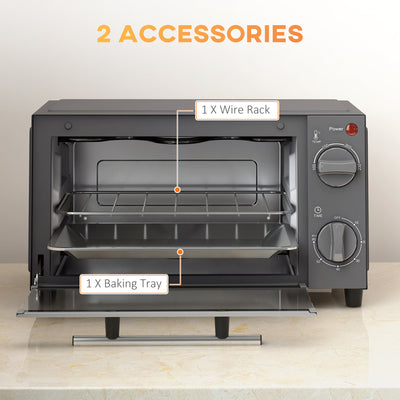 HOMCOM Mini Oven, 9L Countertop Electric Grill, Toaster Oven with Adjustable Temperature, Timer, Dishwasher Safe Baking Tray and Wire Rack, 750W, Grey 