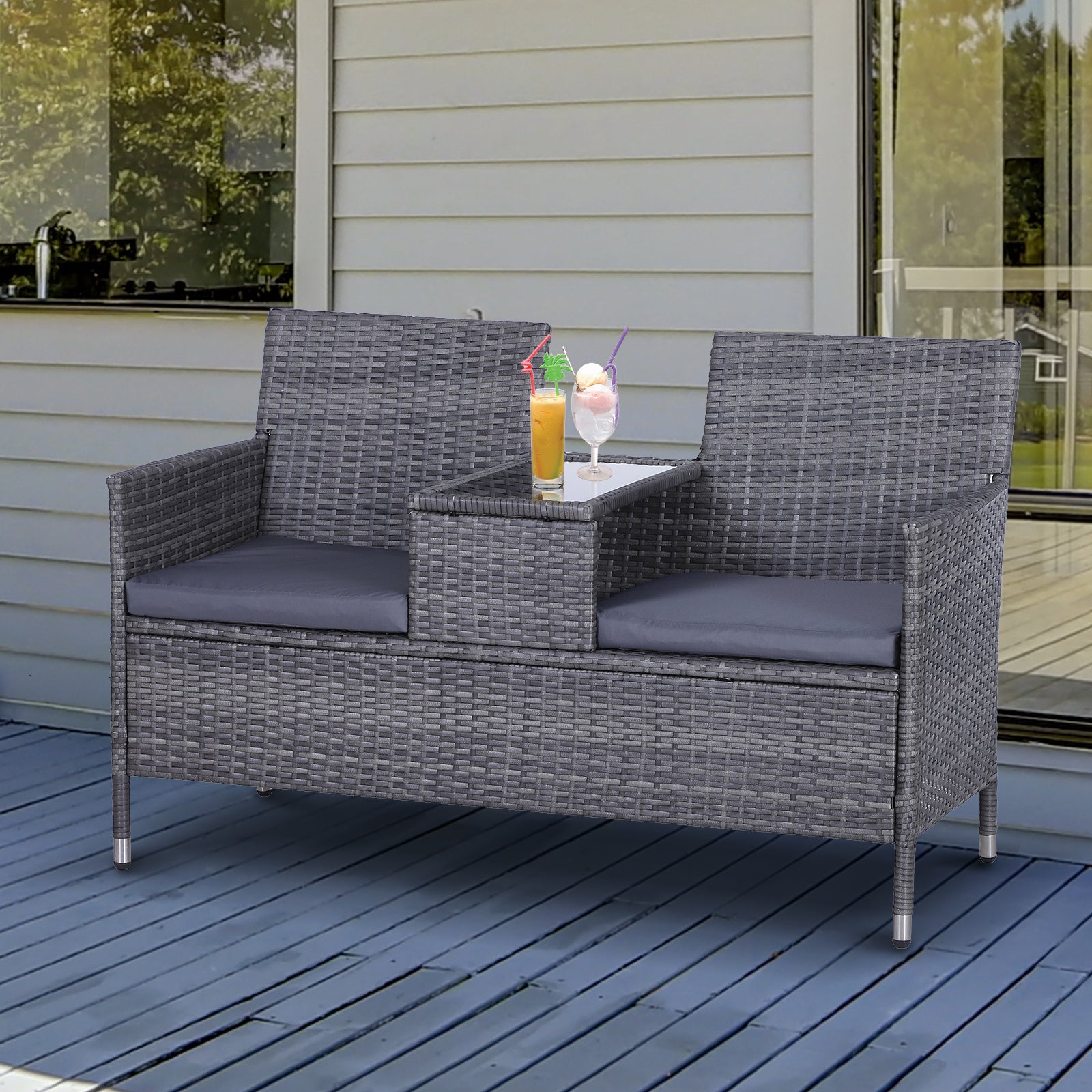 Outsunny 2-Seater PE Rattan Outdoor Garden Bench w/ Centre Table Grey 
