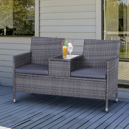 Outsunny 2-Seater PE Rattan Outdoor Garden Bench w/ Centre Table Grey 