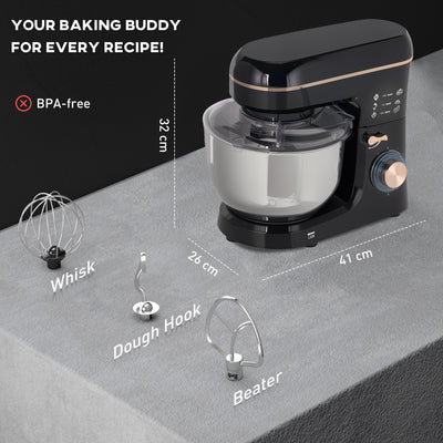 HOMCOM Stand Mixer, 5L Food Mixer for Baking, 6 Speeds and Pulse Setting, 1400W Cake Electric Kitchen Mixer with Dough Hook, Whisk, Stainless Steel Bowl, Splash Guard, Beater, Black 