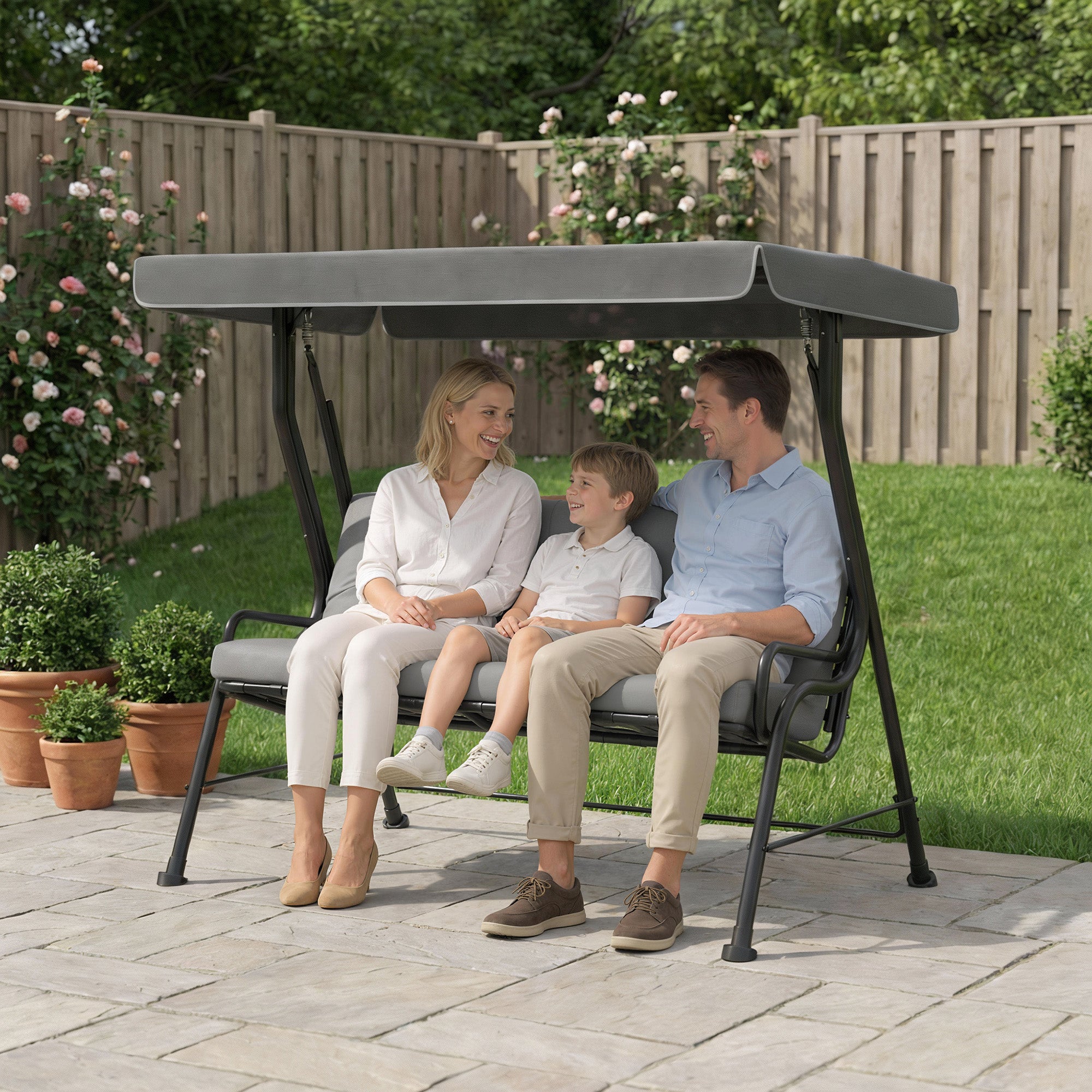 Outsunny 3-Seater Garden Swing Seat, Outdoor Swing Chair with Adjustable Waterproof Canopy, Light Grey 