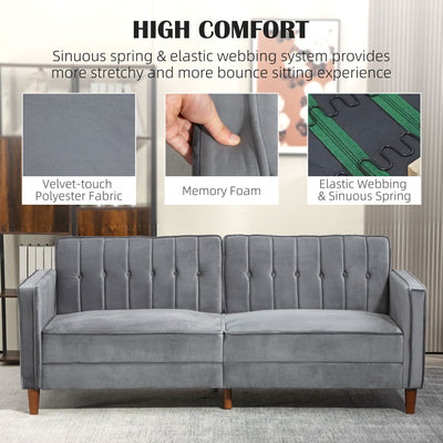 HOMCOM Velvet-Feel Three-Seater Sofa Bed - Dark Grey 