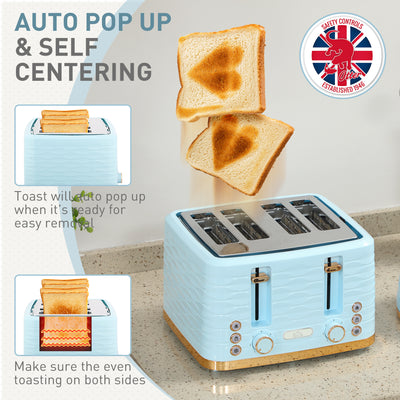 HOMCOM 3000W 1.7L Kettle & 4 Slice Toaster, Kettle and Toaster Set with 7 Browning Controls and Crumb Tray, Light Blue 