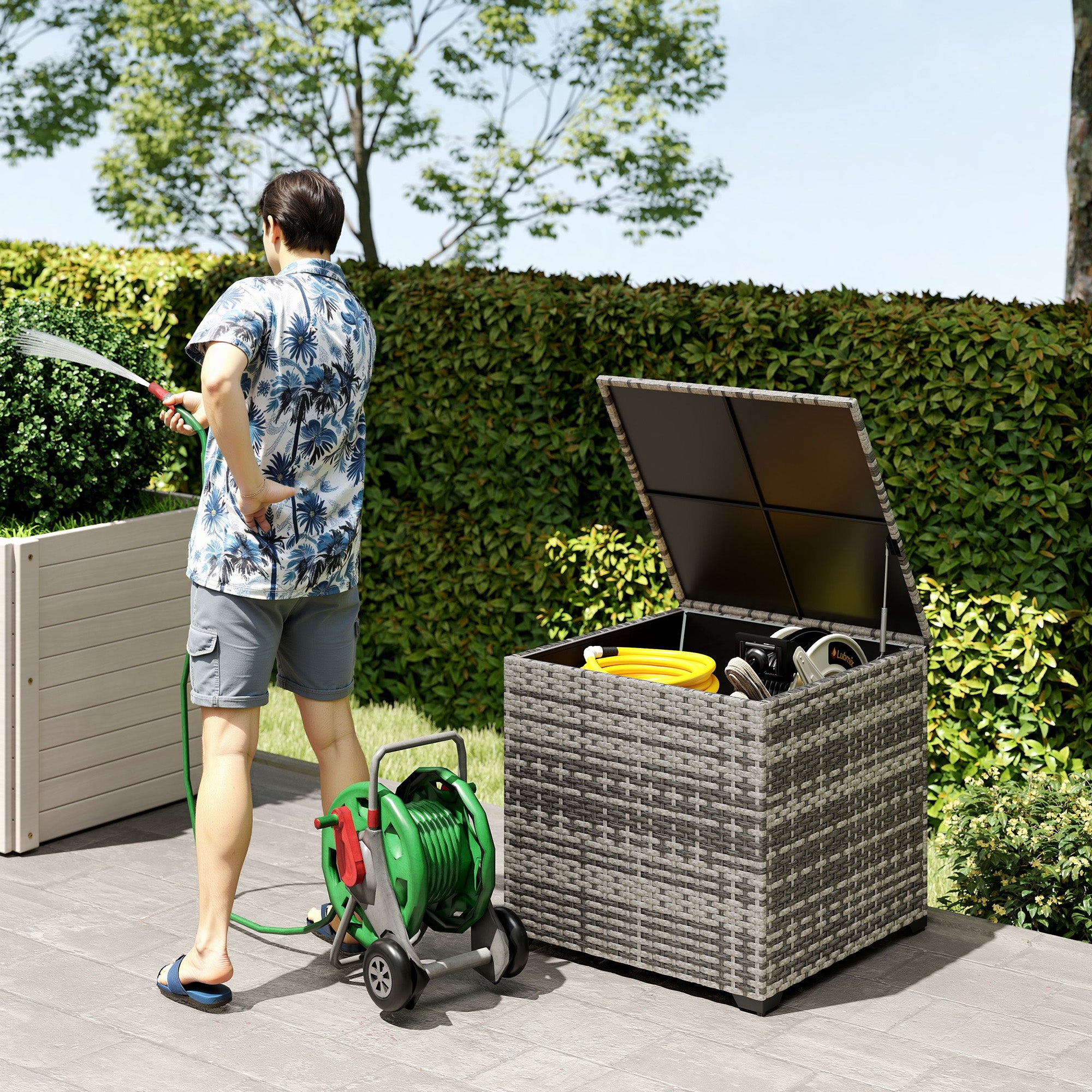 Outsunny 253L Garden Storage Box, Rattan Deck Box with Zipped Liner, Safe Pneumatic Rod, Patio Storage Container, Mixed Grey 