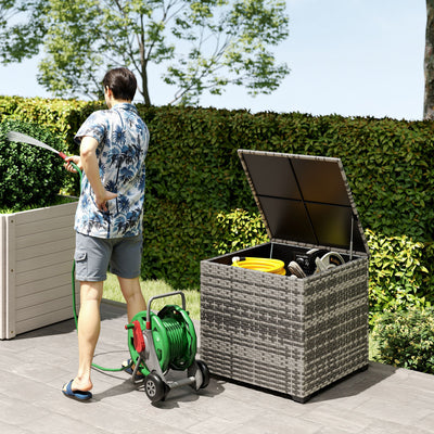 Outsunny 253L Garden Storage Box, Rattan Deck Box with Zipped Liner, Safe Pneumatic Rod, Patio Storage Container, Mixed Grey 