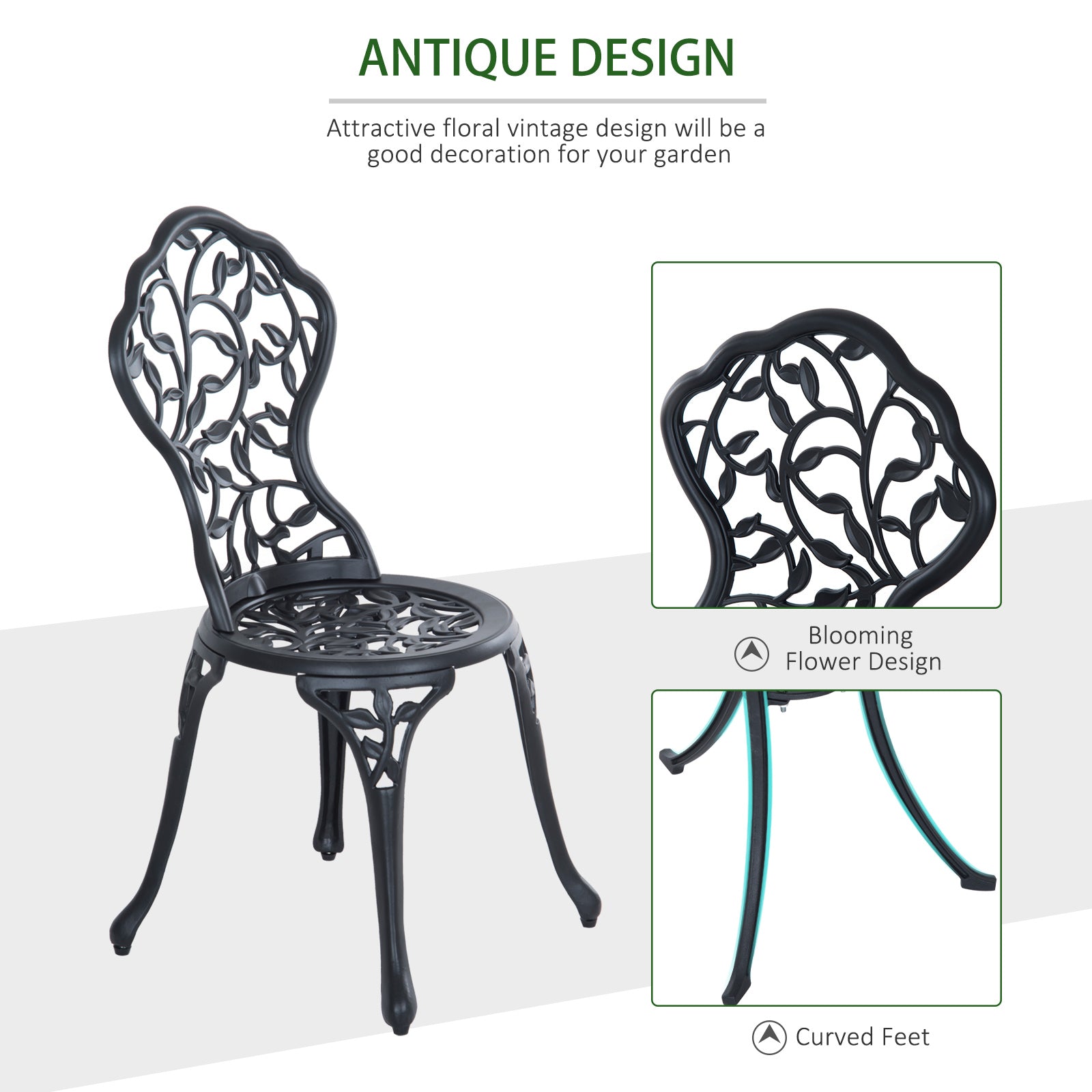 Outsunny 3 Pcs Aluminium Bistro Set Garden Furniture Dining Table Chairs Antique Outdoor Seat Patio Seater Black 