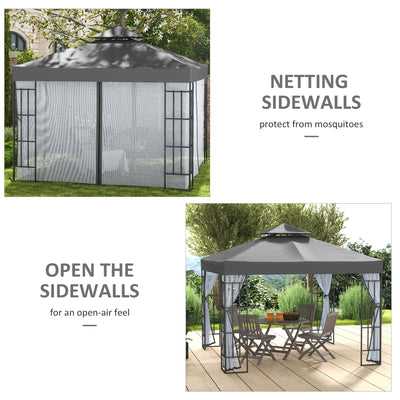 Outsunny 3 x 3(m) Patio Gazebo Canopy Garden Pavilion Tent Shelter with 2 Tier Roof and Mosquito Netting, Steel Frame, Grey 