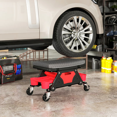 HOMCOM Rolling Mechanic Stool, 135kg Capacity Workshop Stool, 360° Swivel Roller Padded Creeper Seat with Wheels, Slide Out Tool Trays and Drawer for Garage, Shop, Auto Repair, Black 