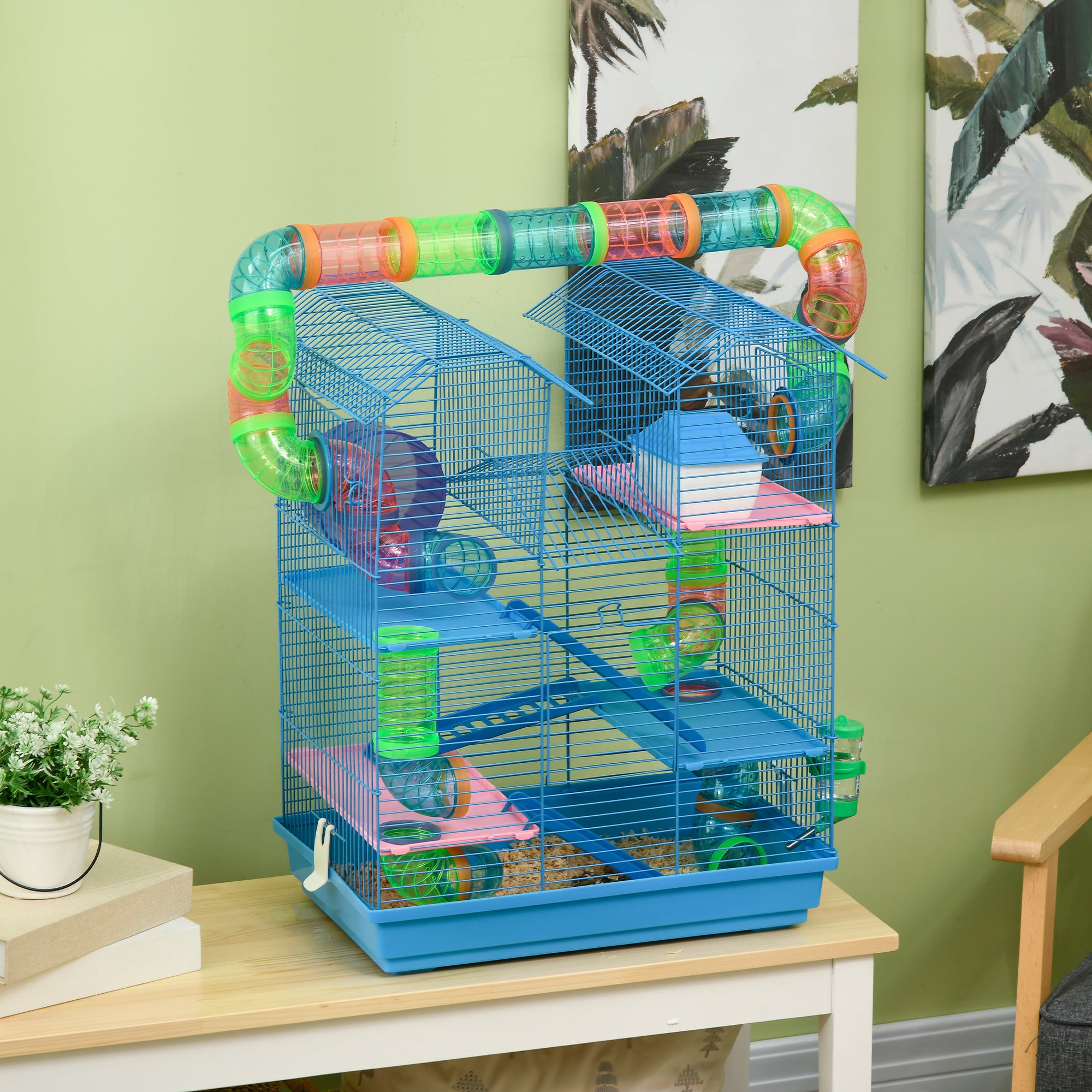 PawHut 5 Tier Hamster Cage Carrier Habitat with Exercise Wheels Tunnel Tube Water Bottle Dishes House Ladder for Dwarf Mice, Blue 