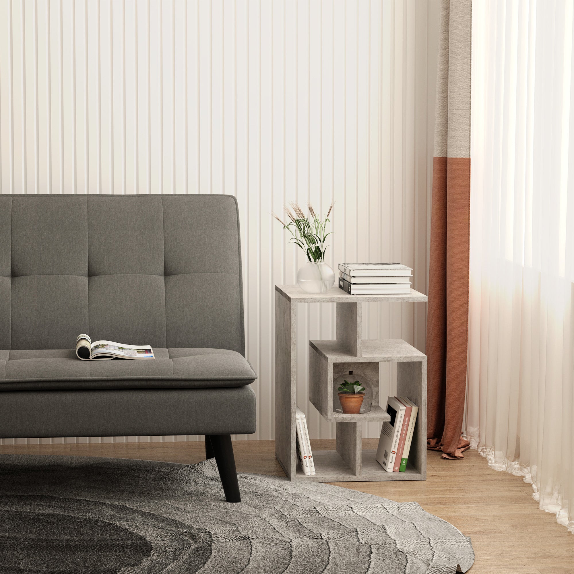HOMCOM Side Table, 3 Tier End Table with Open Storage Shelves for Living Room, Bedroom, Cement Colour 