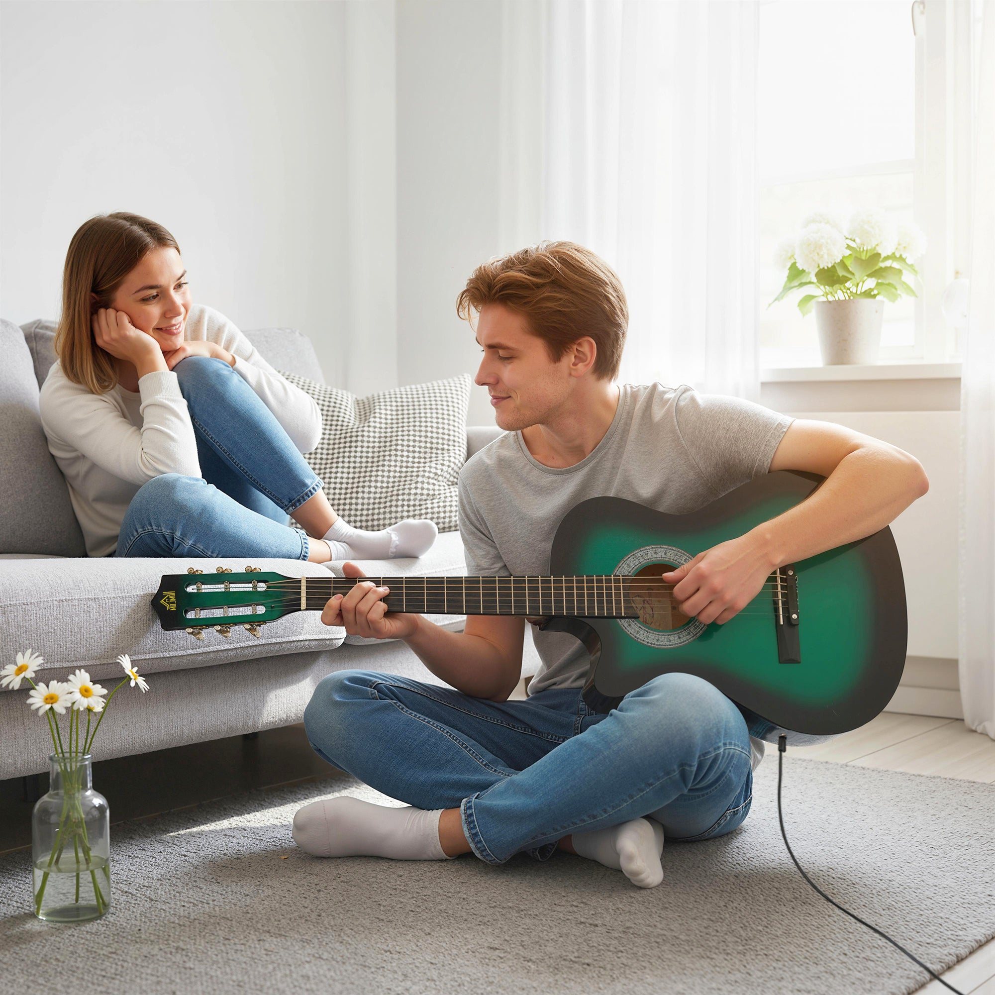 HOMCOM 38 Inch Acoustic Electric Guitar, Beginner Junior Adult Guitar Gloss Finish with Carrying Case - Dark Green 