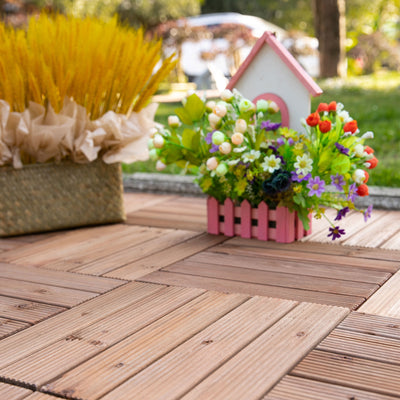 Outsunny 27 Pcs Solid Wood Interlocking Decking Tiles For Patio, Balcony, Roof Terrace, Hot Tub, Brown, (30 x 30 cm Per Piece) 