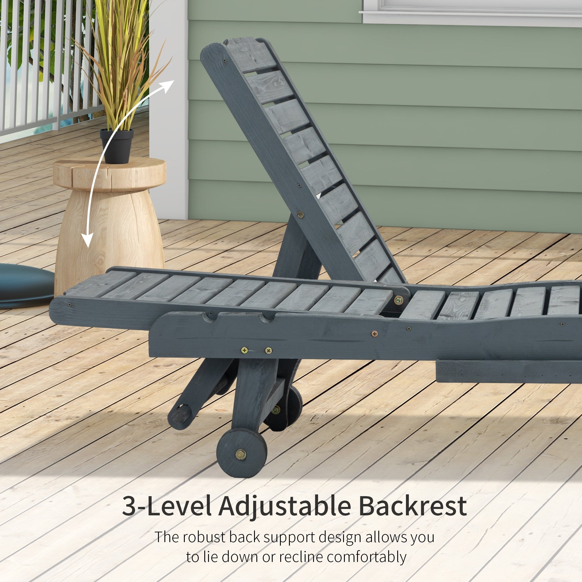 Outsunny Garden Patio Sun Lounger, Outdoor Wooden Sun Bed with Built-In Table, Reclining Backrest and Rolling Wheels for Sunbathing, Grey 