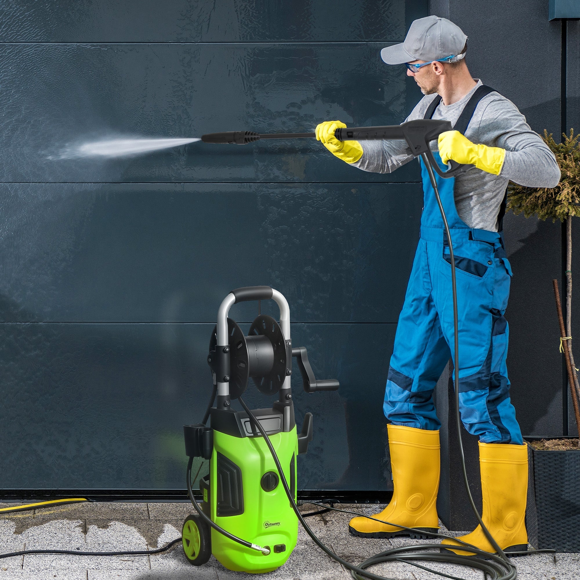 Outsunny 1800W High Pressure Washer, 150 Bar Pressure, 420 L/h Flow, Portable Power Washer Jet Wash Cleaner with Adjustable Nozzle, 6M Hose, Hose Reel, Steel Handle for Home Patio Car Driveway, Green 