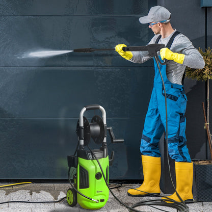 Outsunny 1800W High Pressure Washer, 150 Bar Pressure, 420 L/h Flow, Portable Power Washer Jet Wash Cleaner with Adjustable Nozzle, 6M Hose, Hose Reel, Steel Handle for Home Patio Car Driveway, Green 