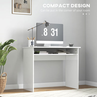 HOMCOM 90 x 50cm Computer Table, Modern Home Office Desk, Small Writing Desk with Storage Shelf, High Gloss White 