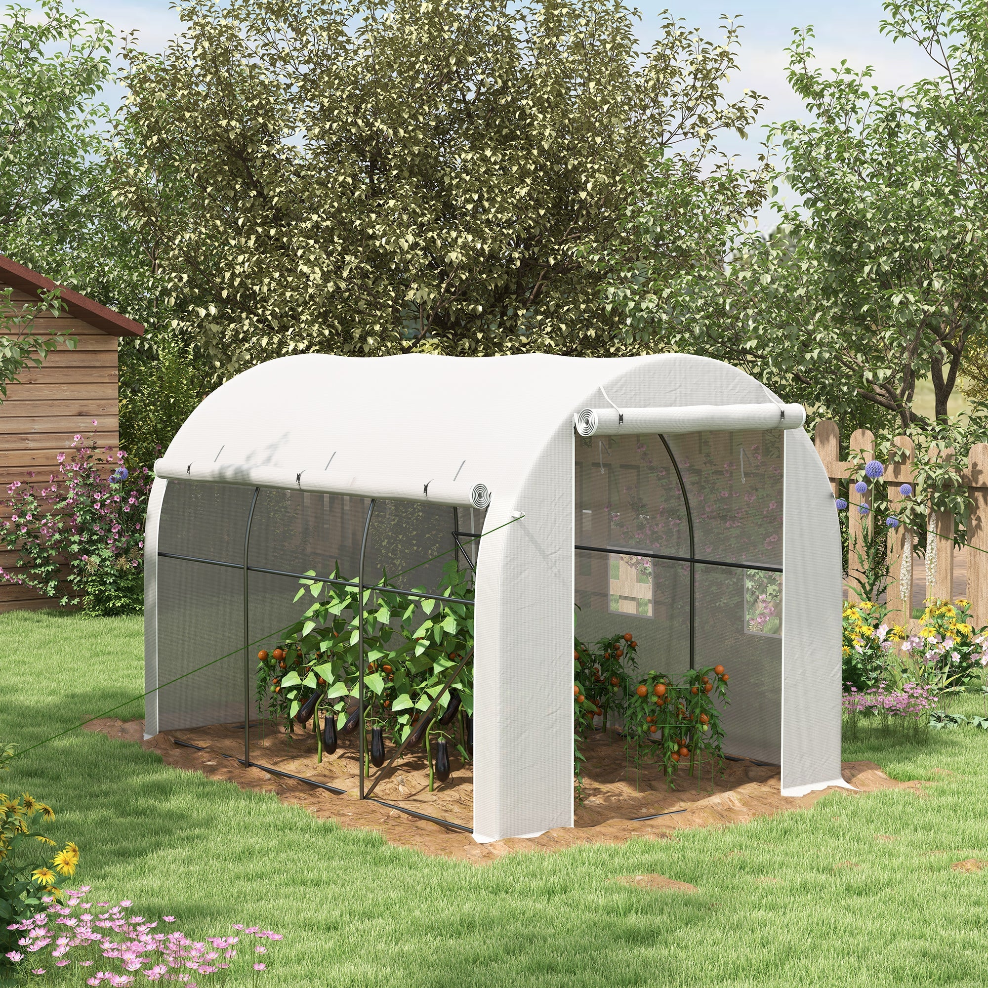 Outsunny 296 x 196cm Steel Frame Polytunnel Greenhouse - White 