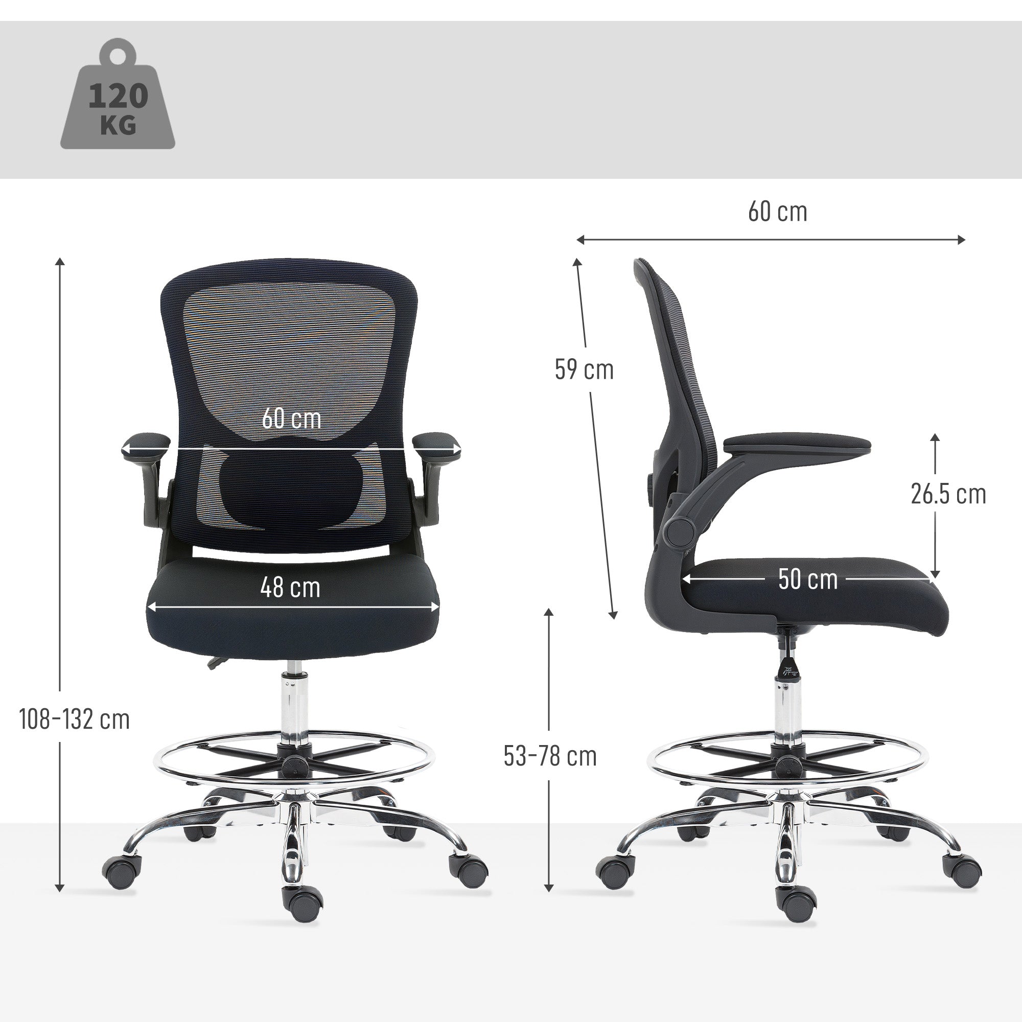 HOMCOM Draughtsman Chair, with Adjustable Lumbar - Black 