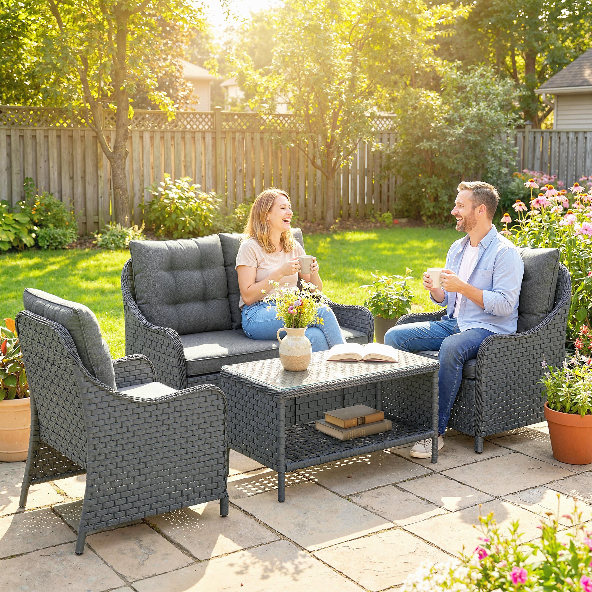 Outsunny 4-Piece Wicker Patio Furniture Set with 2 Armchairs, Loveseat, Glass Coffee Table, Conversation Sofa Set, Dark Grey 