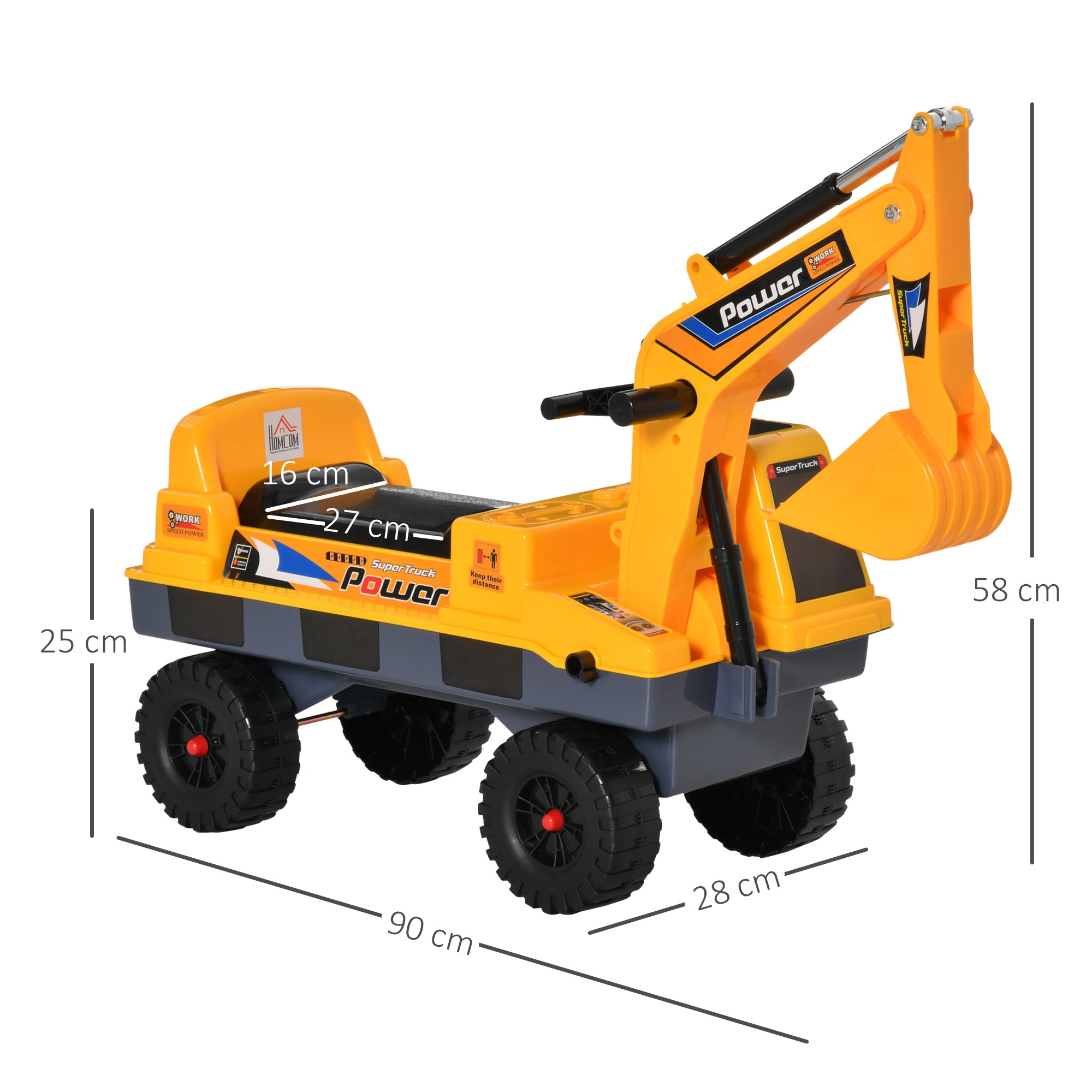 HOMCOM 2 in 1 Ride on Excavator Digger No Power Detachable Digging Bucket and Grab Bucket Music Light for 2-3 Years Old 