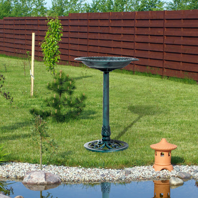 Outsunny Garden Bird Bath Outdoor Decrative Garden Feeder Stand with Scallop-like Pattern, Time-Worn Finish, 50cm, Green 