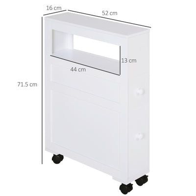 HOMCOM 72x16cm Narrow Bathroom Storage Unit w/ 2 Drawers Open Top 4 Wheels Slimline Modern Rolling Home Organisation 