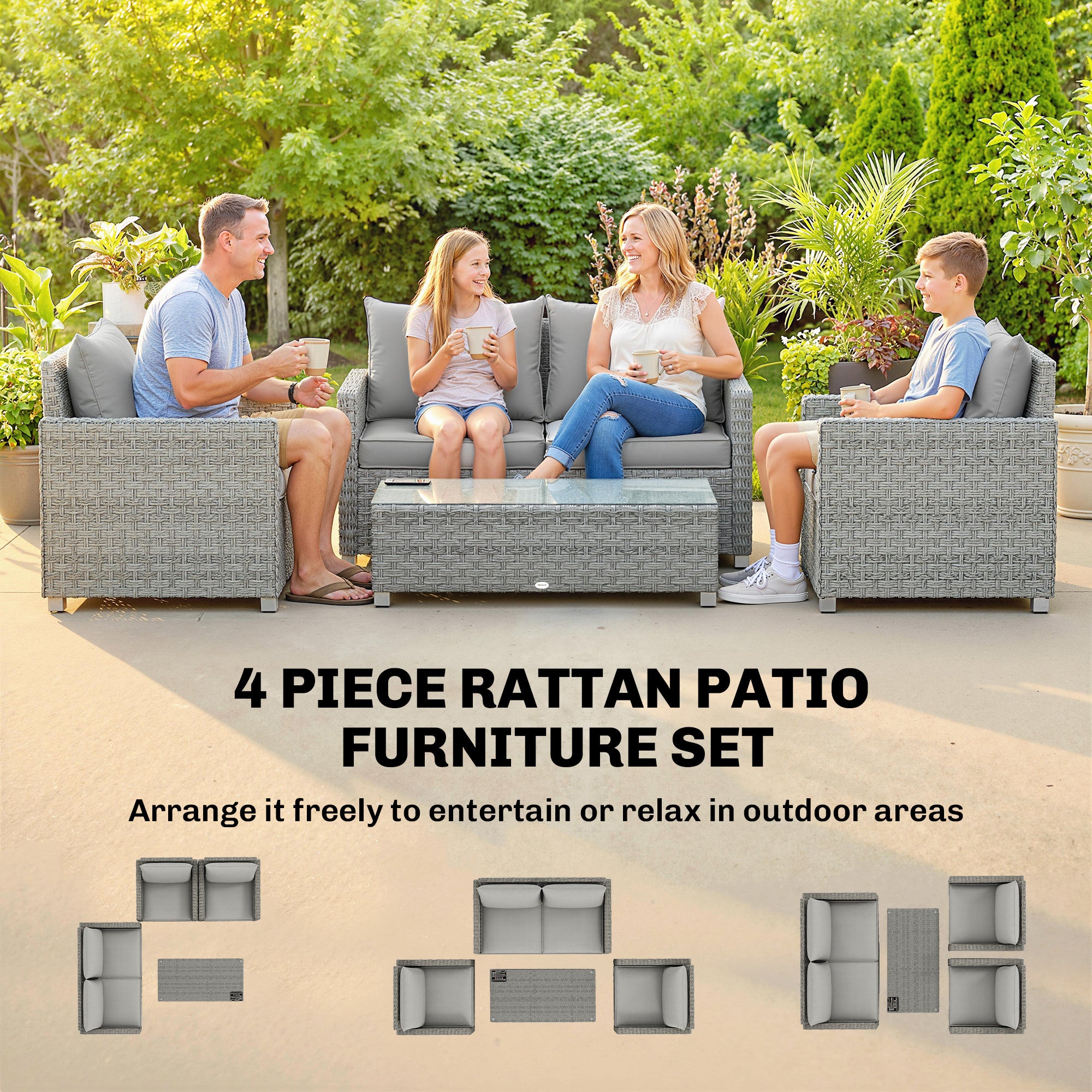 Outsunny 4 Piece Rattan Garden Furniture Set with Loveseat, 2 Armchairs, Glass-Top Table, Wicker Patio Conversation Set, Grey 