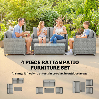 Outsunny 4 Piece Rattan Garden Furniture Set with Loveseat, 2 Armchairs, Glass-Top Table, Wicker Patio Conversation Set, Grey 