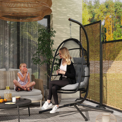 Outsunny Rattan Hanging Egg Chair with Stand, Foldable Wicker Swing Egg Chair with Cushion, Head Pillow, Steel Frame, Hammock Chair for Indoor Outdoor, Capacity 150 kg, Dark Grey 