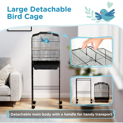 PawHut Bird Cage Budgie Cages for Finch Canary Parakeet with Stand Wheels Slide-out Tray Accessories Storage Shelf, Black 