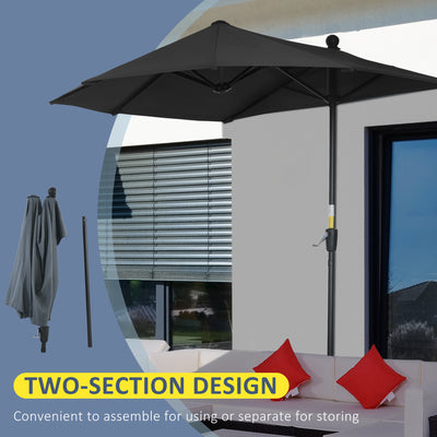 Outsunny 2m Half Parasol Market Umbrella Garden Balcony Parasol with Crank Handle, Base, Double-Sided Canopy, Black 