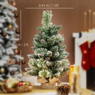 HOMCOM 60 cm Prelit Small Christmas Tree, Snow Flocked Tabletop Mini Xmas Tree with 35 LED Lights, Pine Cones and Linen Cover Base, Battery Operated, Green 