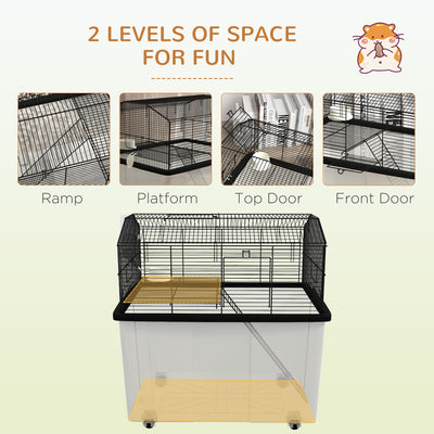 PawHut Two-Tier Gerbil Cage, Hamster Cage for Dwarf Hamster, Syrian Hamster w/ Wheels, Deep Bottom, Food Dish, Water Bottle 