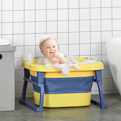 HOMCOM Baby Bathtub for 0-6 Years Collapsible Non-Slip Portable with Stool Seat for Newborns Infants Toddlers Kids - Yellow 