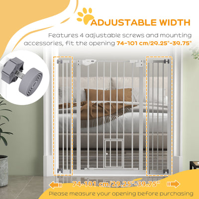 PawHut Extra Tall Pet Gate, Indoor Dog Safety Gate, with Cat Flap, Auto Close, 74-101cm Wide - White 