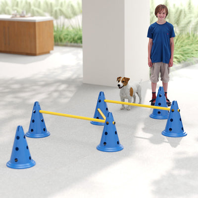 PawHut Dog Agility Equipment Set of Six Cones, Six Poles with Carry Bag, Three-Piece Adjustable Height Jumping Obstacles, Blue 