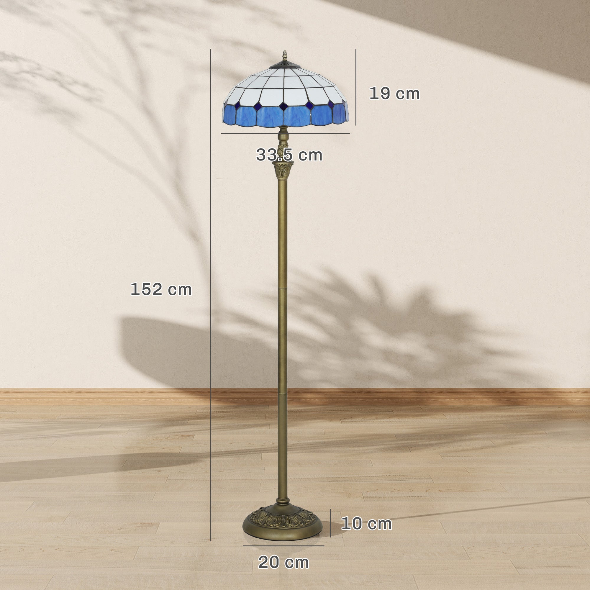 HOMCOM Tiffany-Style Floor Lamp with Handcrafted Stained Glass Shade, 152cm Tall Vintage Standing Lamp with Foot Switch and Dual Sockets for Living Room Bedroom, Bronze Tone and Blue 
