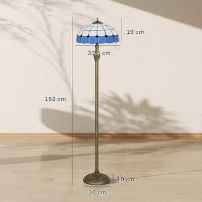 HOMCOM Tiffany-Style Floor Lamp with Handcrafted Stained Glass Shade, 152cm Tall Vintage Standing Lamp with Foot Switch and Dual Sockets for Living Room Bedroom, Bronze Tone and Blue 