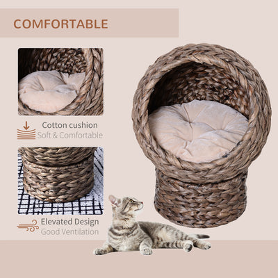 PawHut Wicker Cat Bed, Raised Rattan Cat Basket with Cylindrical Base, Soft Washable Cushion, 42 x 33 x 52cm - Brown 