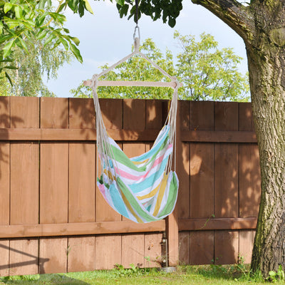 Outsunny Outdoor Hanging Rope Chair with Cotton Rope, Garden Hammock Chair with Wooden Support Bar Cotton Cloth, Portable Garden Chair for Patio & Tree, Green 