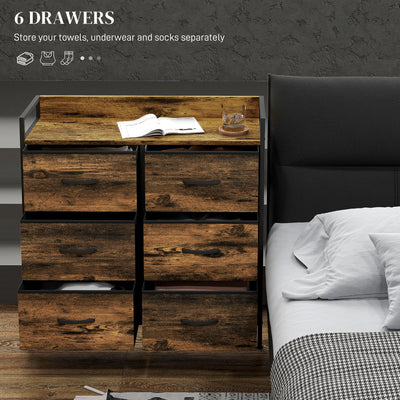 HOMCOM Rustic Chest of Six Fabric Drawers - Rustic Brown 