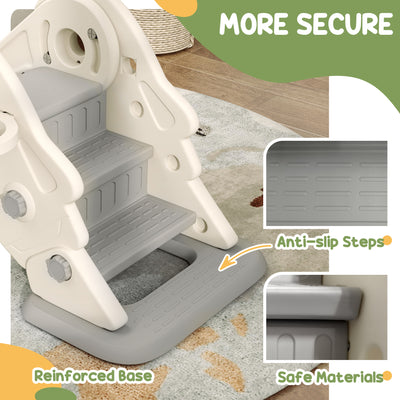 AIYAPLAY 3-in-1 Kids Slide with Basketball Hoop, Climber, Anti-Slip Steps for Toddlers, Ages 2-5 Years, Cream White 