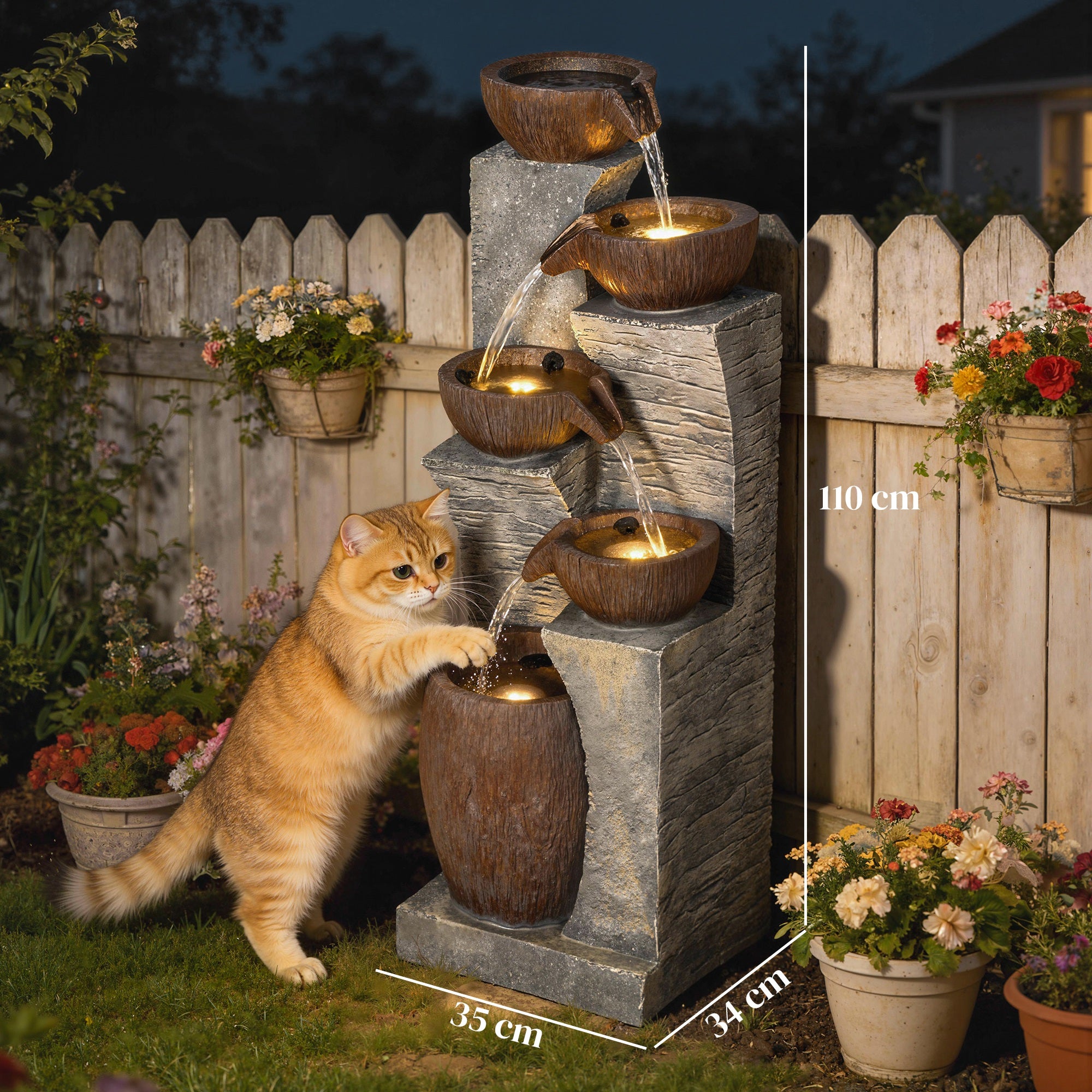 Outsunny Outdoor Fountain with 5-Tier, Garden Fountain with LED Lights, Adjustable Flow, Grey and Rustic Brown 