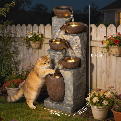 Outsunny Outdoor Fountain with 5-Tier, Garden Fountain with LED Lights, Adjustable Flow, Grey and Rustic Brown 